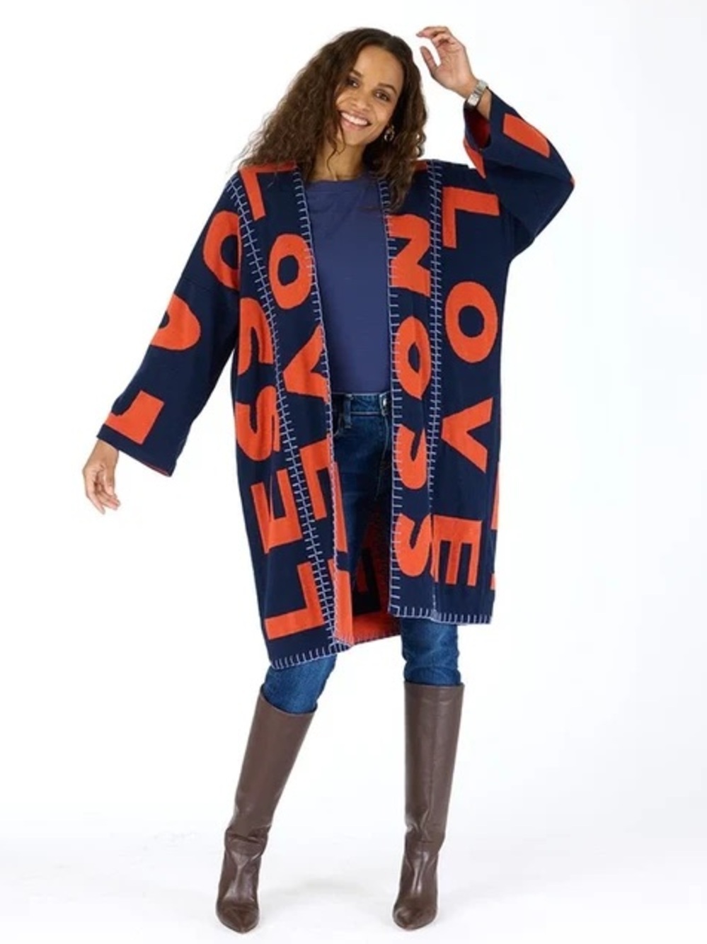 Kerri Rosenthal Open-Front Navy and Orange Statement Cardigan
